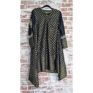 Khaadi Black Gold Printed Asymmetrical Tunic Kurta Dress Boho Ethnic Chic 12